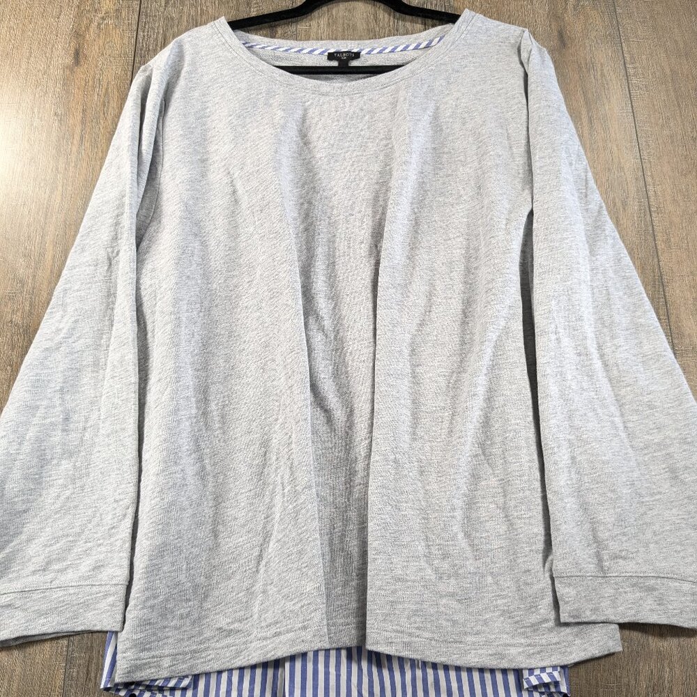 Talbots Top Womens Plus 3X Gray Blue Striped Mixed Media Long Sleeve High Low